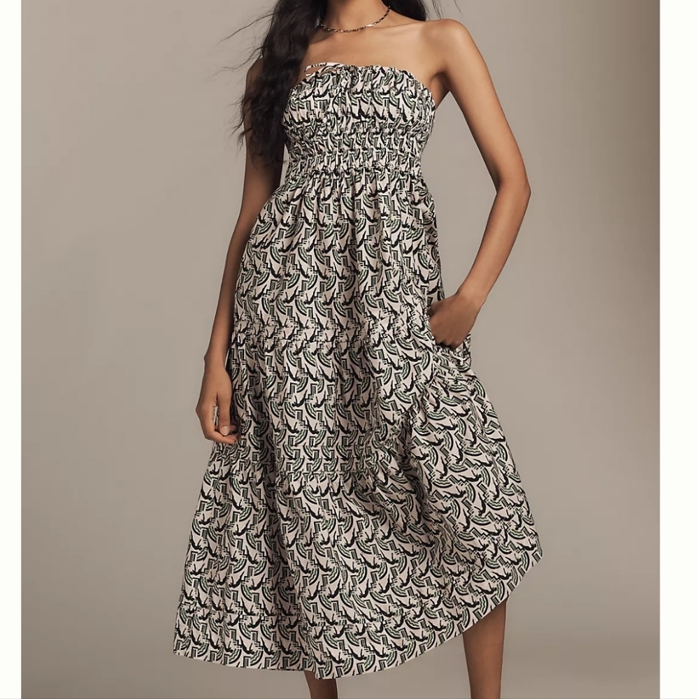 NWT Anthropologie Strapless Smocked Midi Dress in Black and Cream